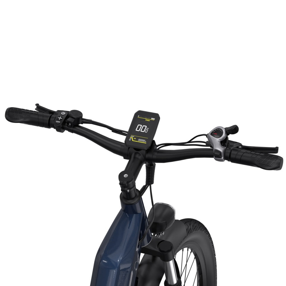 "DUO OT05 Electric Bike in blue with 27.5"" Aluminum Frame, Spoked Wheel, and Pneumatic Tires, designed for high performance and efficiency."