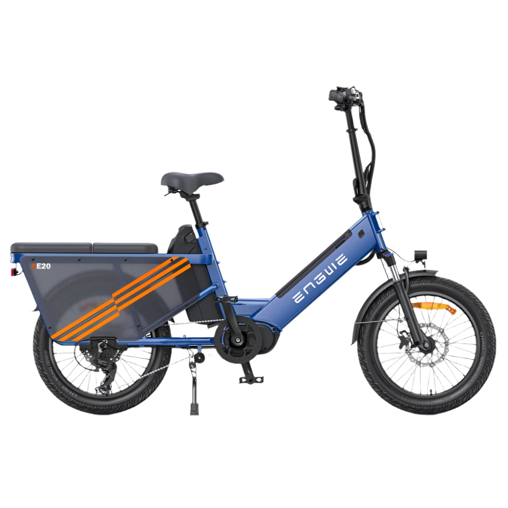 Blue electric bike with a cargo box on a white background