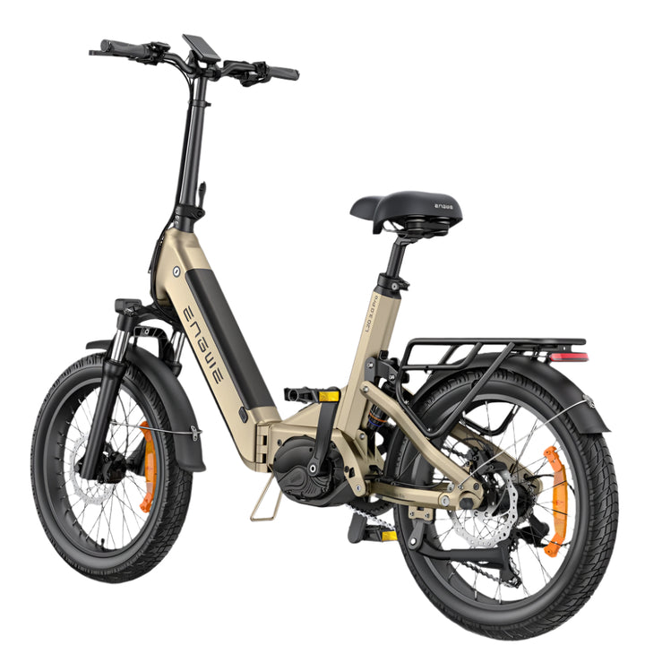 Beige elektrische fiets met zwarte accenten op een witte achtergrond