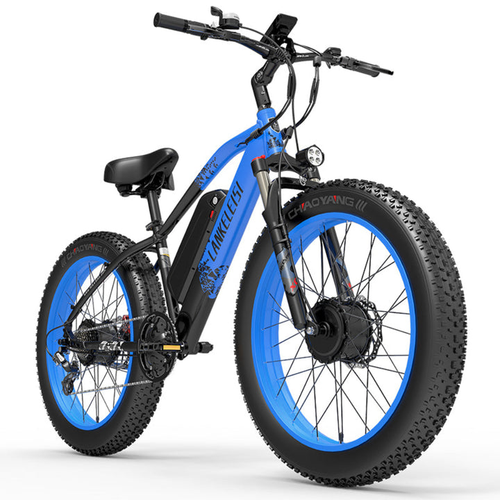 Electric bike with blue rims on a white background