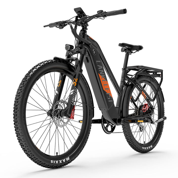 Black electric bike with orange branding on a white background