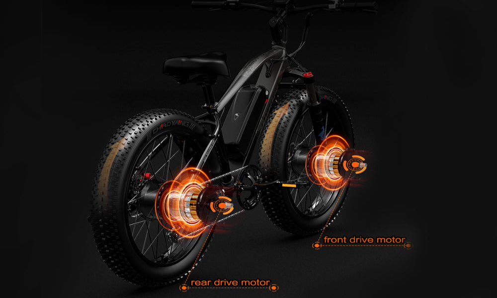 Electric bike with highlighted front and rear drive motors on a black background
