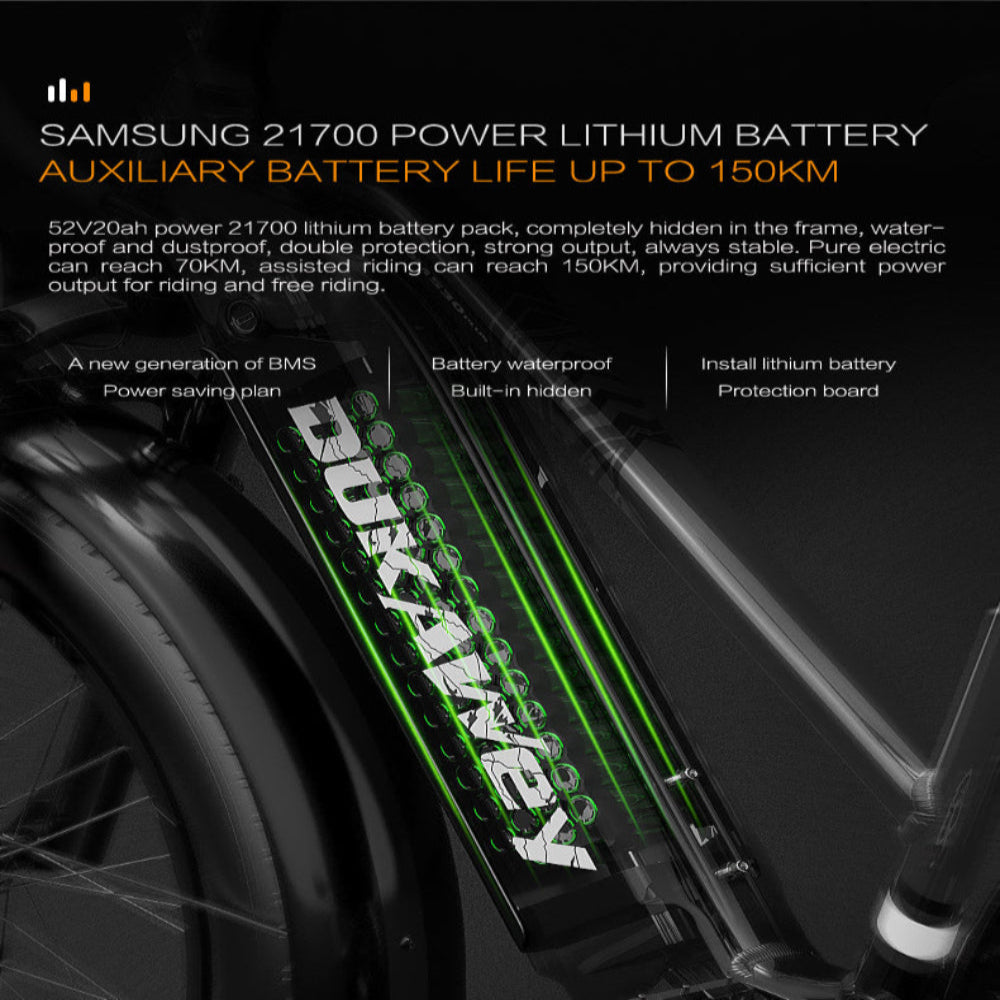 Samsung 21700 power lithium battery pack on a bicycle with branding and product details.
