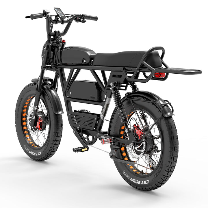 Black electric bike with knobby tires on a white background