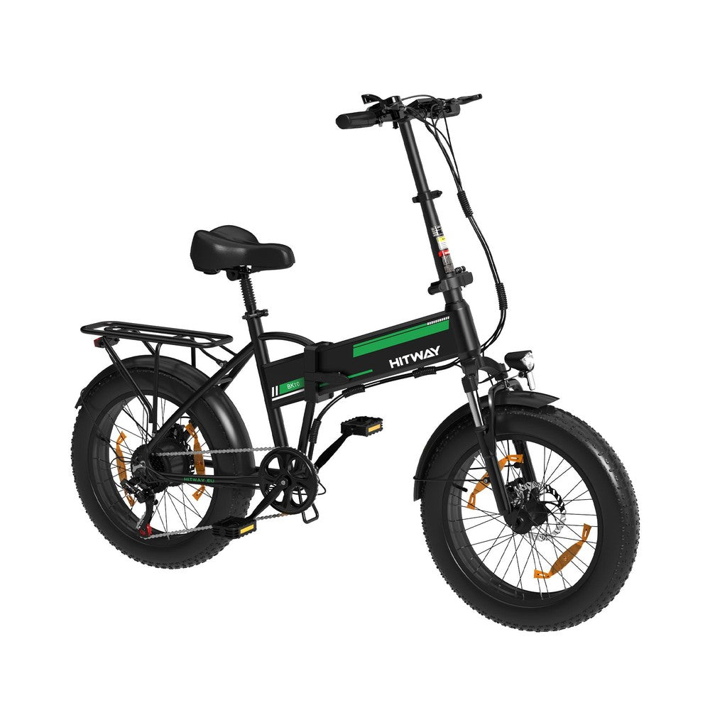 Black electric bike with green branding on a white background