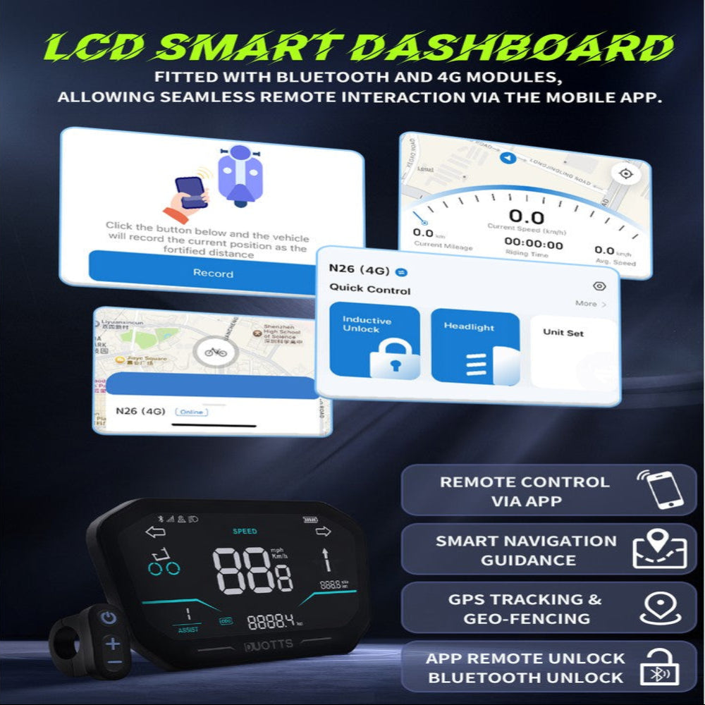 LCD smart dashboard with smartphone app interface on a dark background