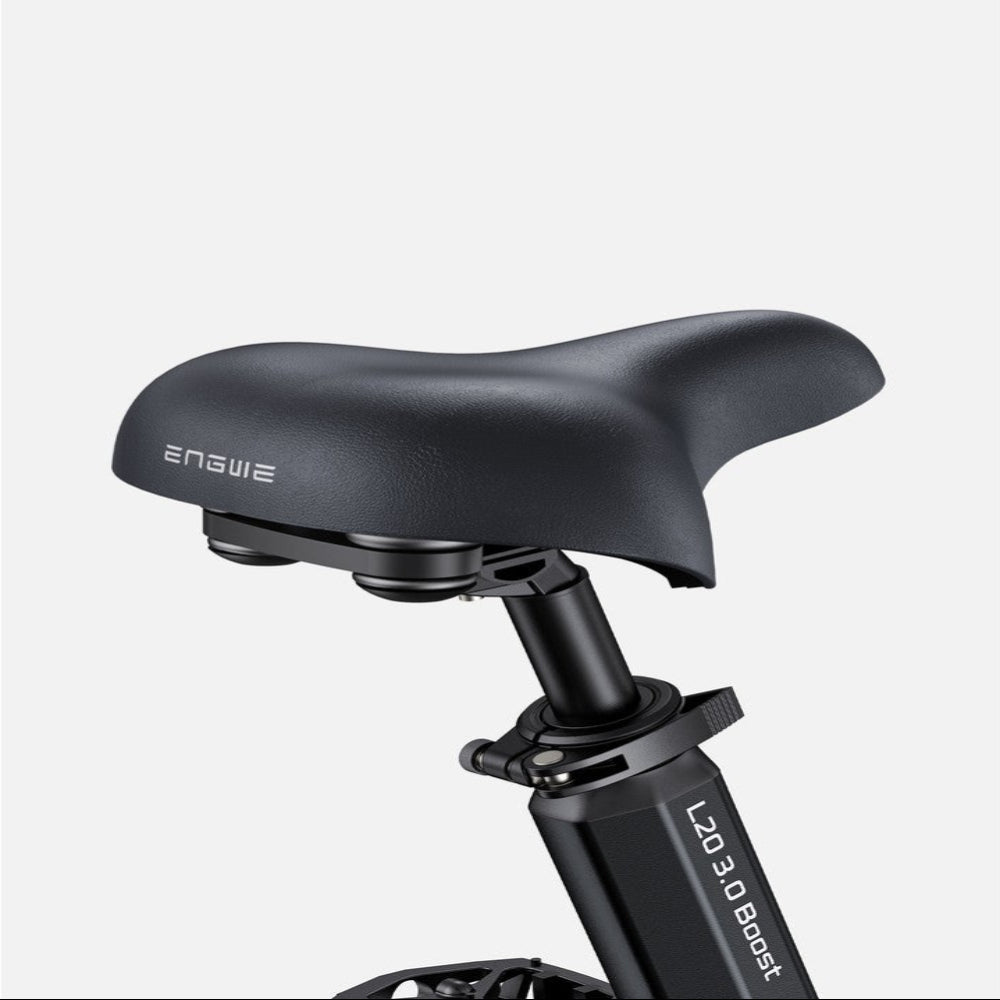 Black bicycle seat with ENVE branding on a white background