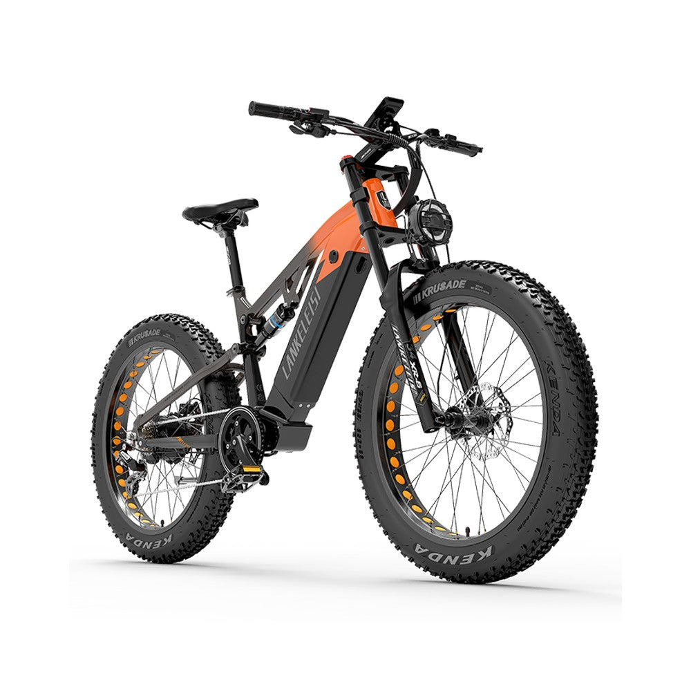 Electric bike with orange and black design on a white background