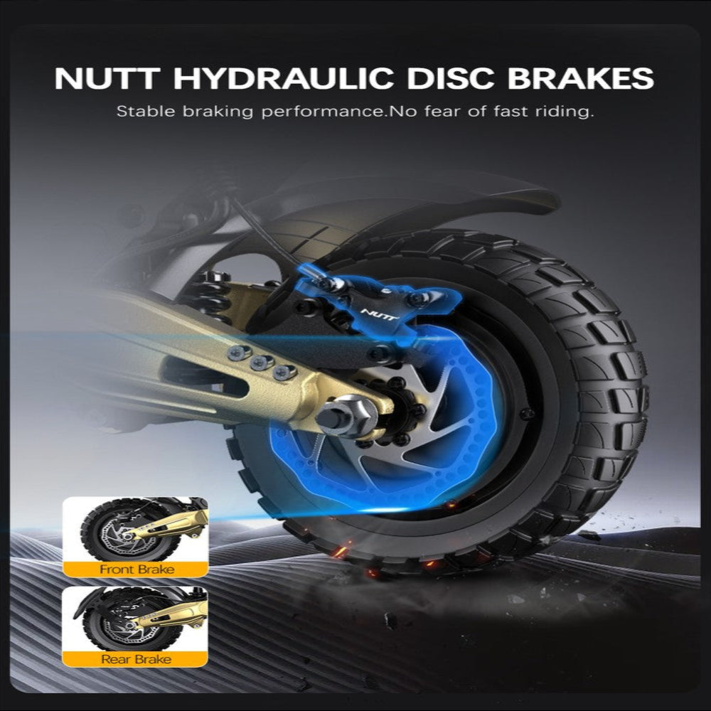 Advertisement for NUTT Hydraulic Disc Brakes with close-up of brake system on a motorcycle wheel.