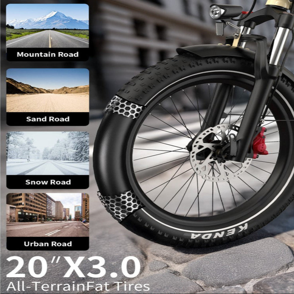 Kenda all-terrain fat tire with road conditions displayed on a mountain, sand, snow, and urban background.