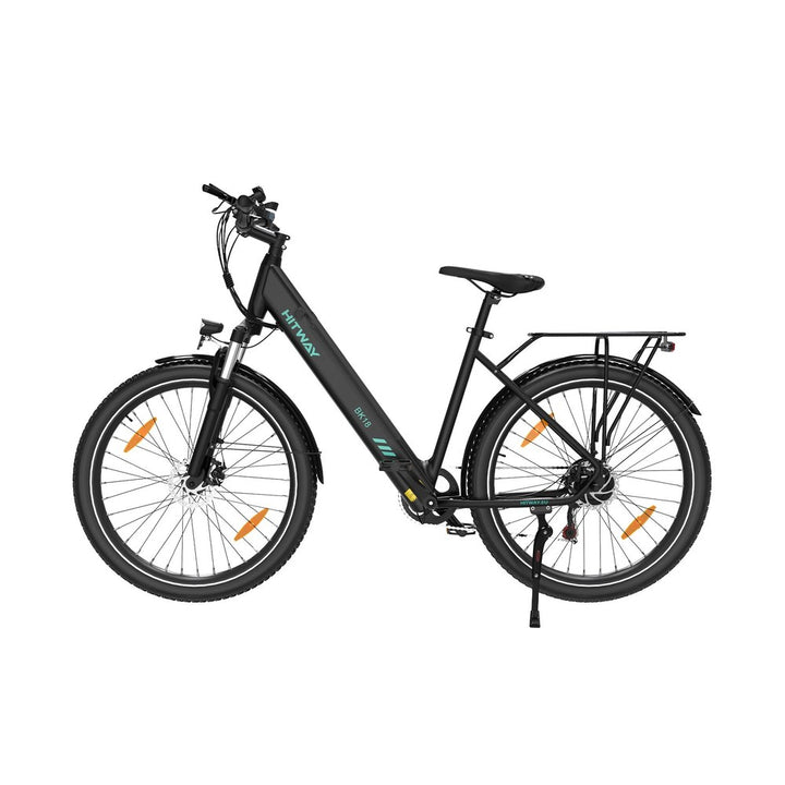 Black electric bicycle with orange reflectors on a white background
