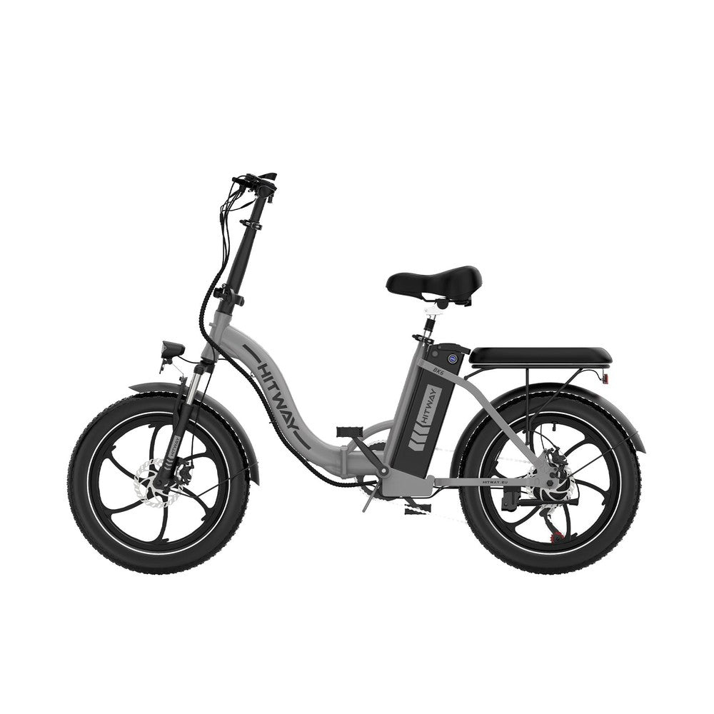 Gray electric bike with black seat on a white background