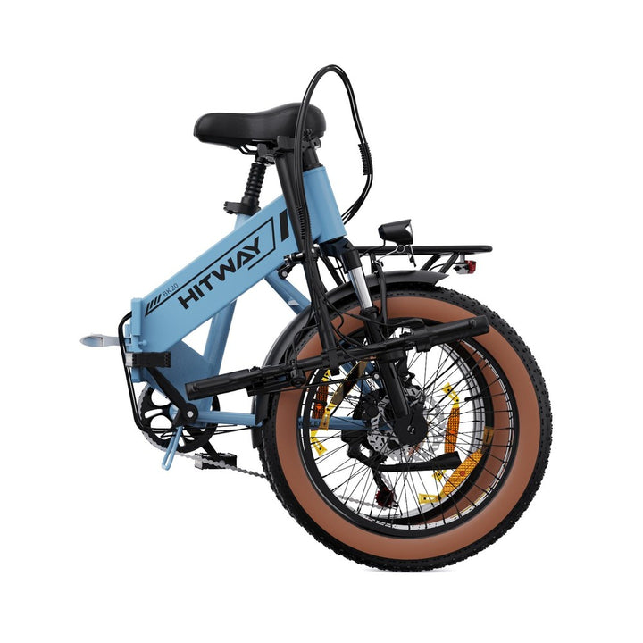 Blue Hitway folding bike with brown wheels on a white background