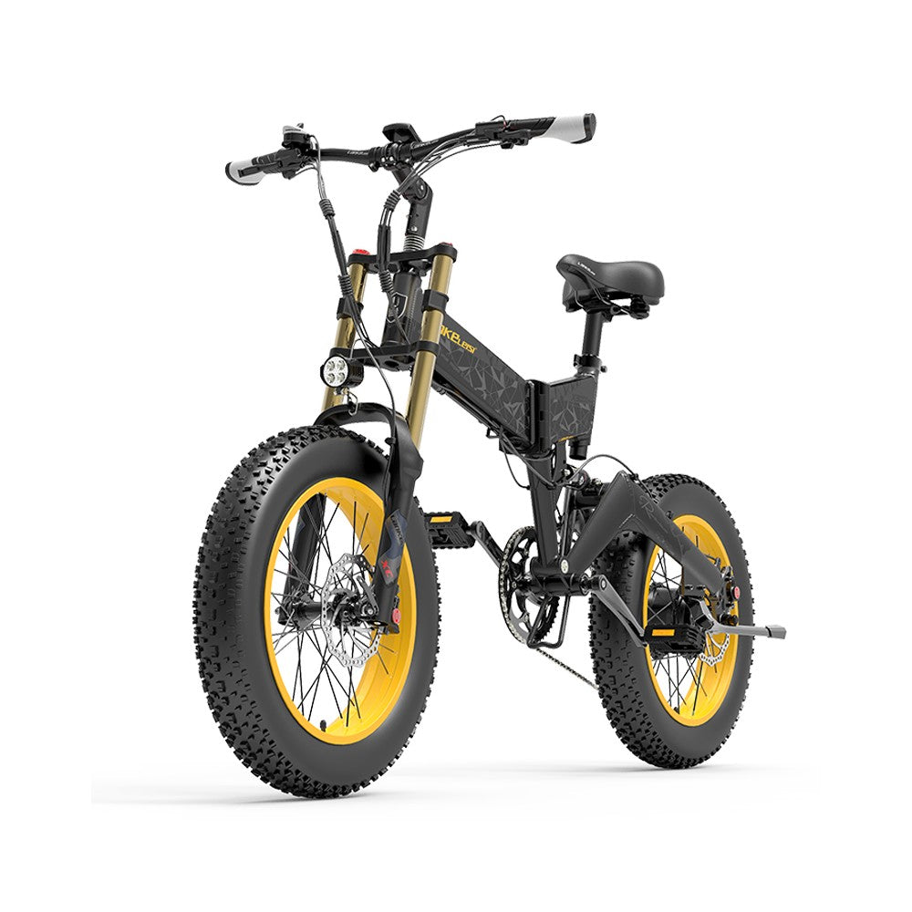 Folding electric bike with yellow wheels on a white background