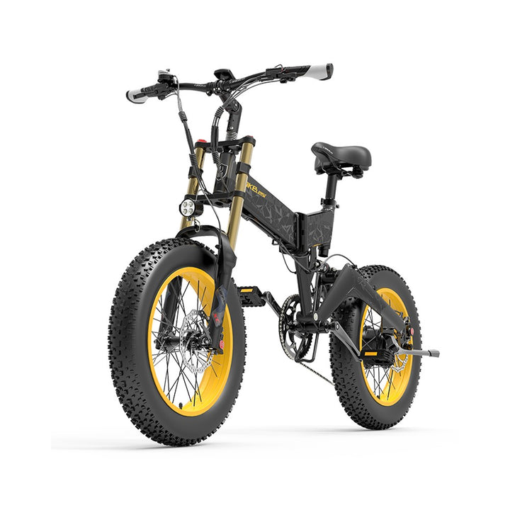 Folding electric bike with yellow wheels on a white background