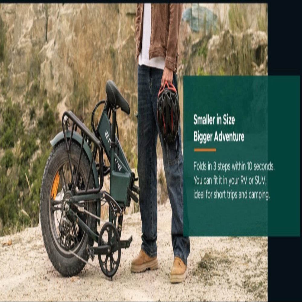 Person with a folded electric bike in a natural setting, with text about bike features.