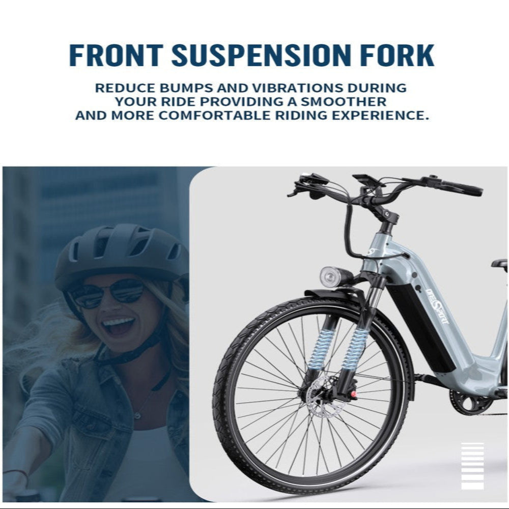 Electric bike with front suspension fork feature highlighted, woman riding in the background.