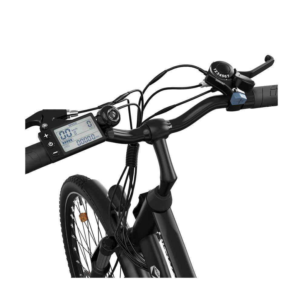 Close-up of a bicycle handlebar with digital display on a white background