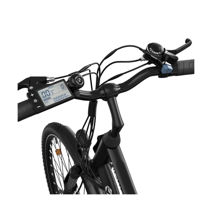 Close-up of a bicycle handlebar with digital display on a white background
