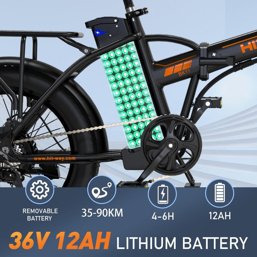 Electric bike with a visible battery pack and specifications on a blue background