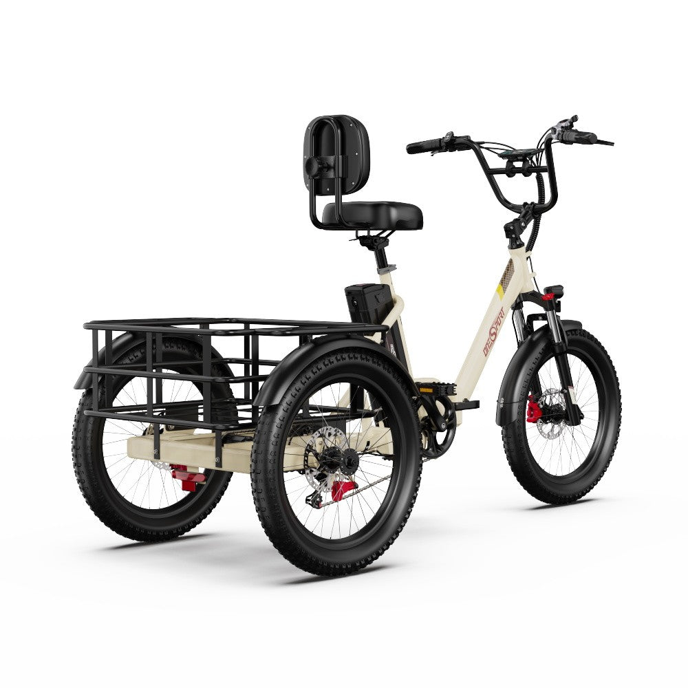 White electric tricycle with a black seat and basket on a white background