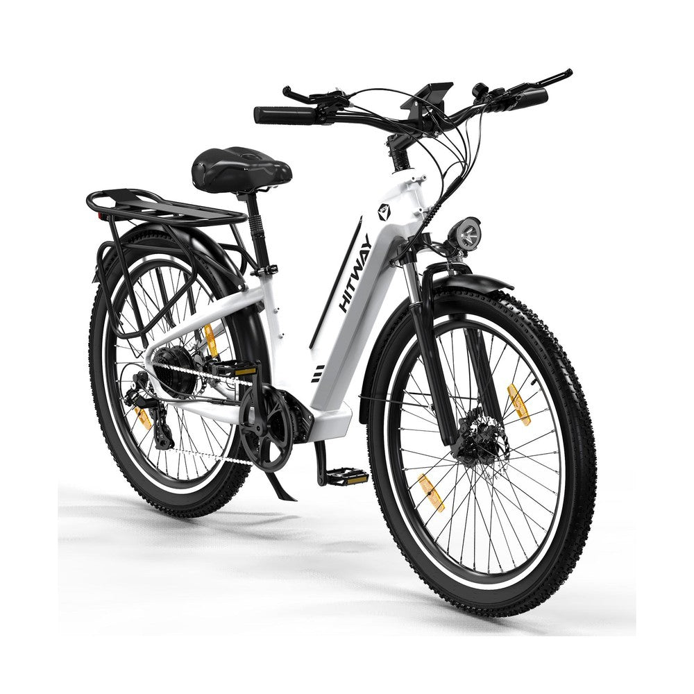 White electric bike with black components on a white background