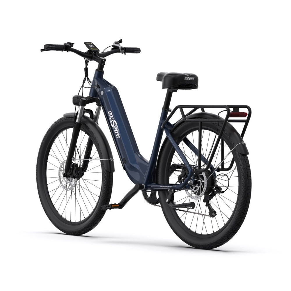 "DUO OT05 Electric Bike in blue with 27.5" aluminum frame, multi-function LCD display, and integrated oil disc braking system."