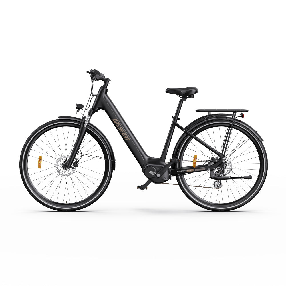 "DUO OT07 Electric Bike in matte black with durable alloy body, hydraulic disc brakes, and front and rear lighting."