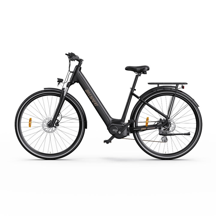 "DUO OT07 Electric Bike in matte black with durable alloy body, hydraulic disc brakes, and front and rear lighting."