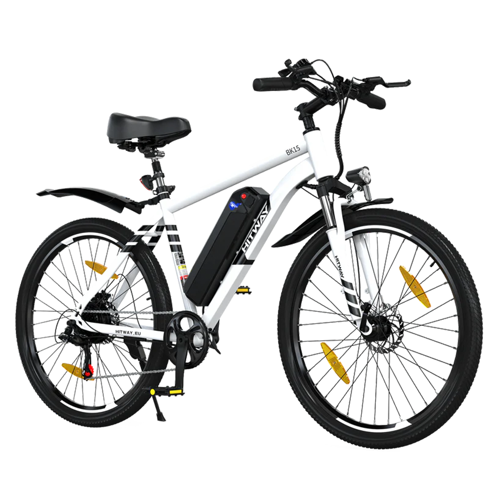 White electric bicycle with black components on a white background