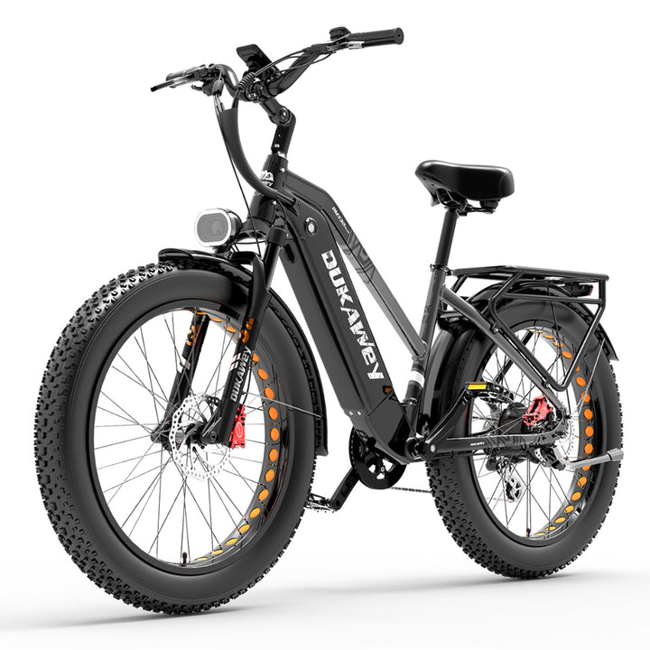 Black electric bike with orange accents on a white background