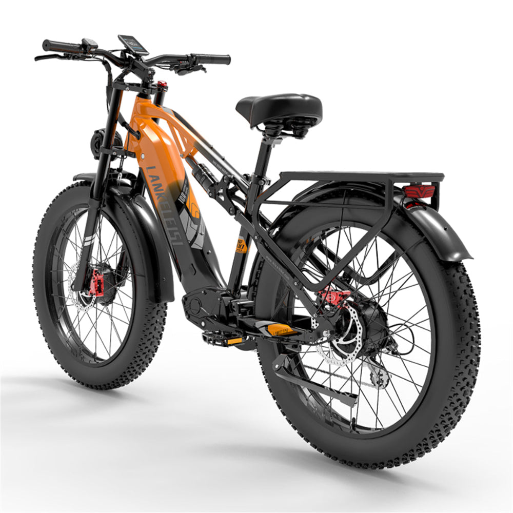 Orange electric bike with black frame on a white background