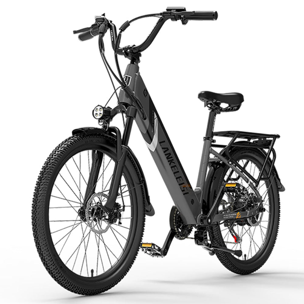 Black electric bike with visible branding on a white background