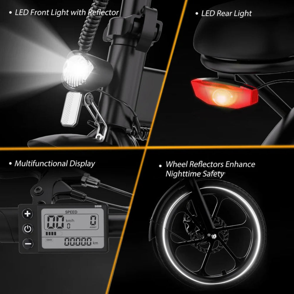 Bicycle lights and safety features including front light, rear light, multifunctional display, and wheel reflectors on a black background.