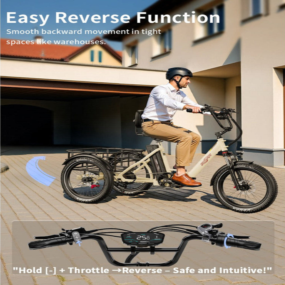 Man riding a tricycle with an easy reverse function feature highlighted.