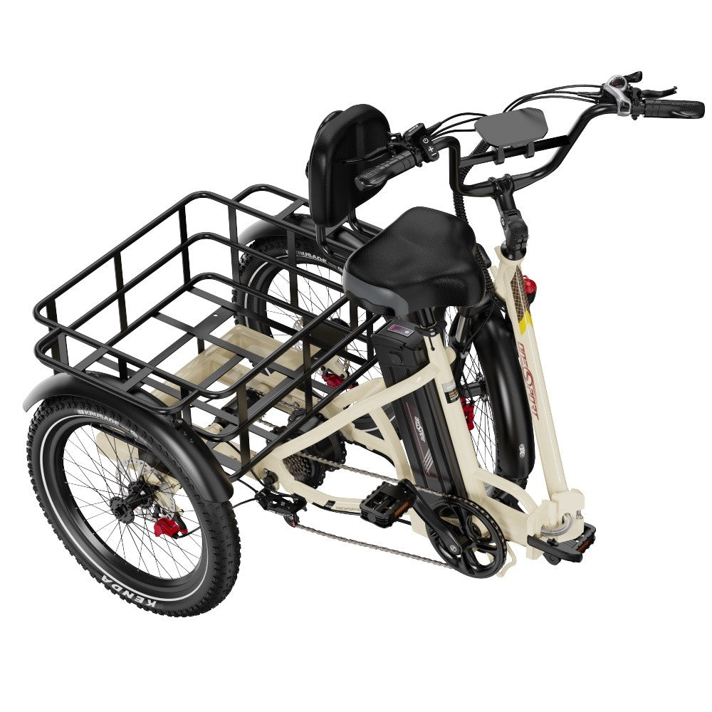 Three-wheeled electric bike with a basket on a white background