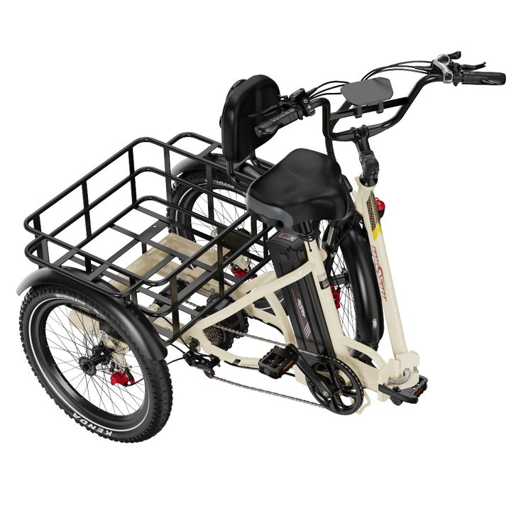 Three-wheeled electric bike with a basket on a white background