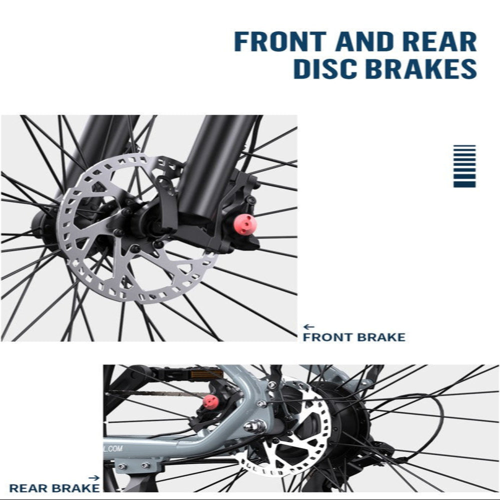 Close-up of front and rear disc brakes on a bicycle with text indicating 'Front and Rear Disc Brakes'.