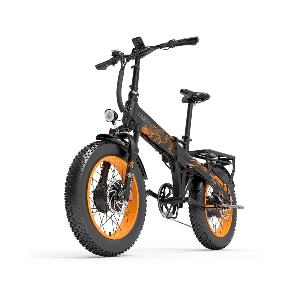 Black and orange electric bike on a white background