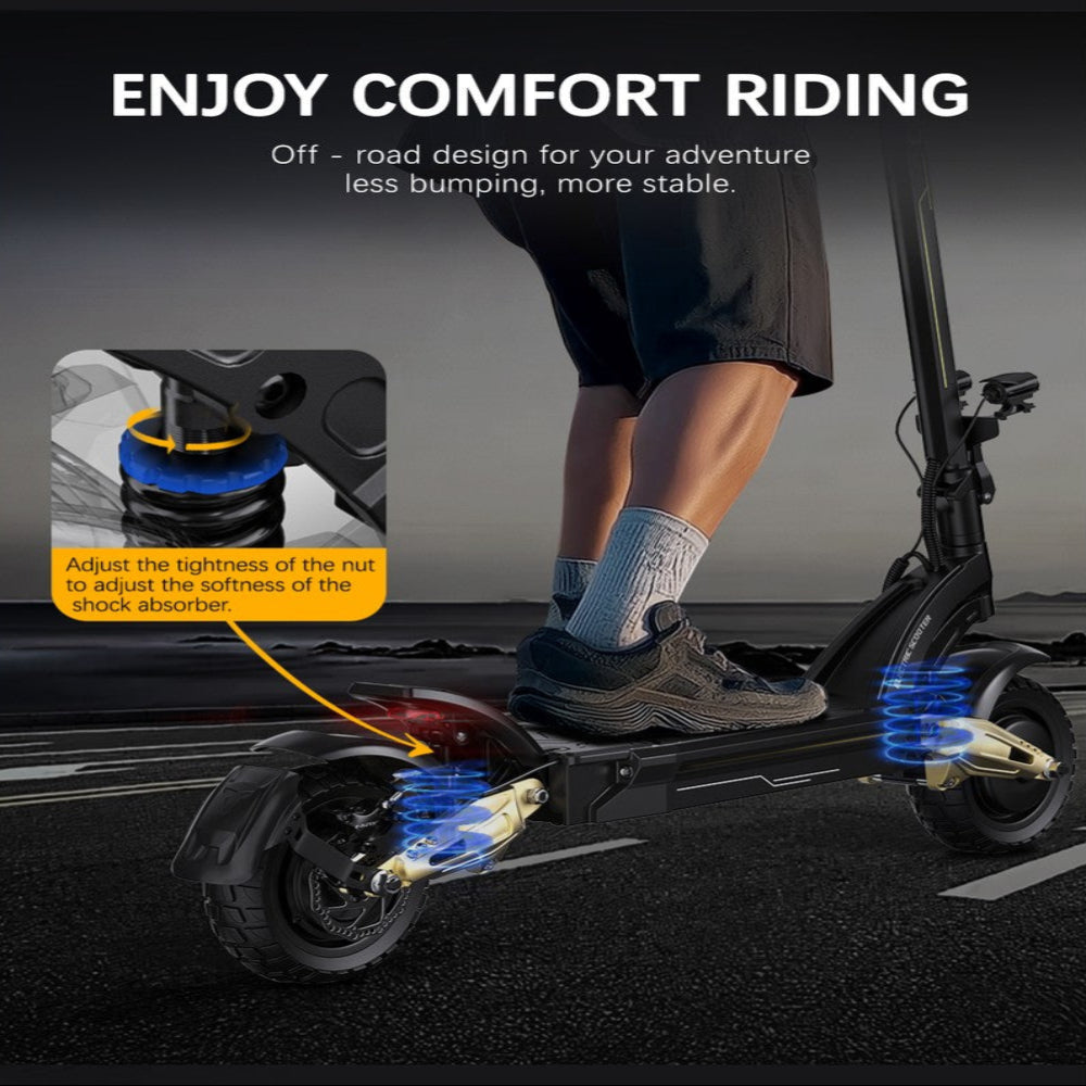 Electric scooter with shock absorber adjustment feature on a road surface, highlighting comfort riding.
