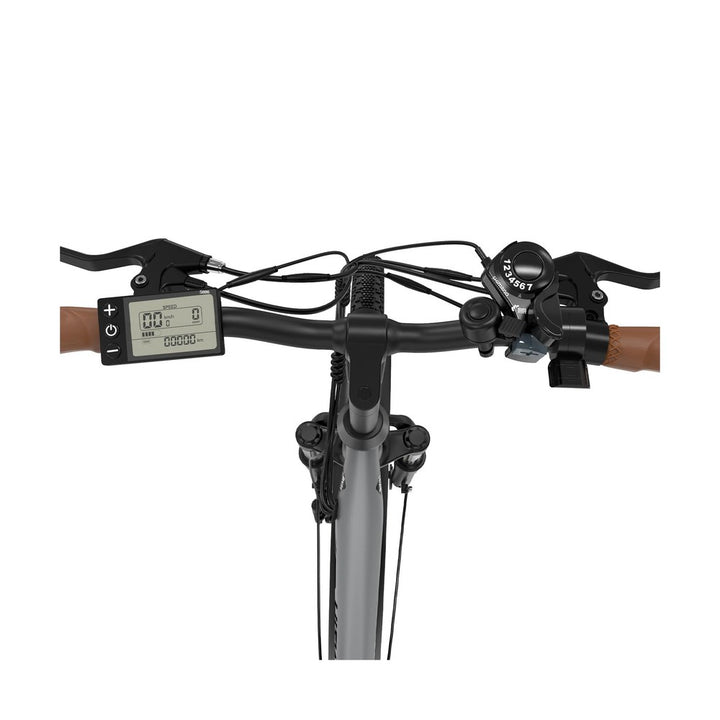 Close-up of a bicycle handlebar with digital display and controls on a white background