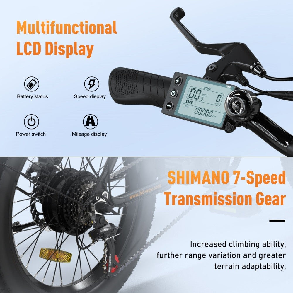 Multifunctional LCD display and Shimano 7-speed transmission gear on a bicycle.