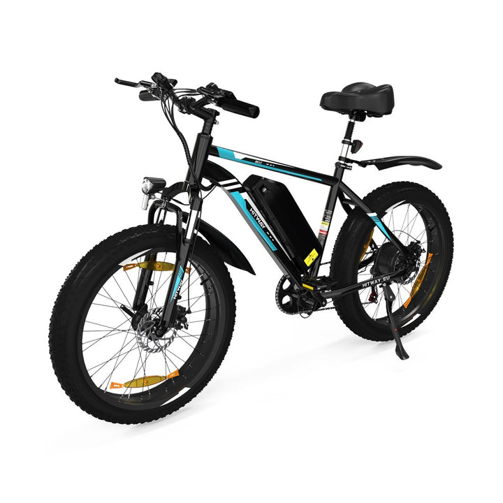 Black electric bike with blue accents on a white background