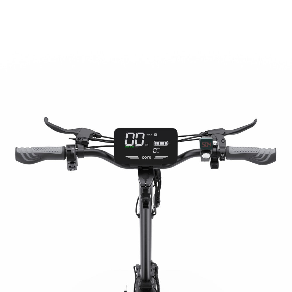Electric scooter handlebar with digital display on a white background