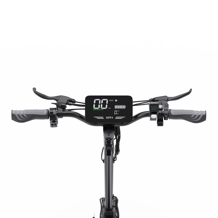 Electric scooter handlebar with digital display on a white background