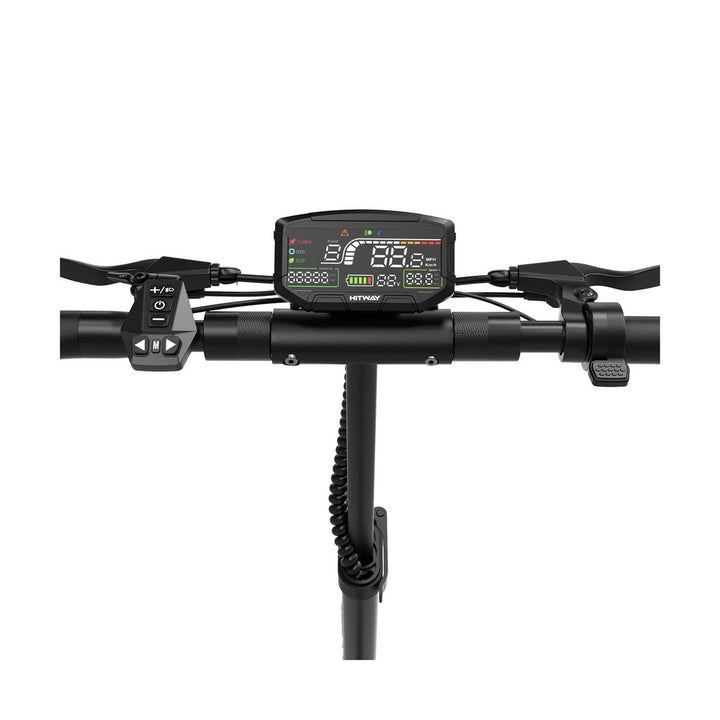 Close-up of a bike handlebar with a digital display on a white background