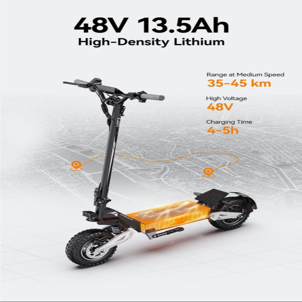 Electric scooter with specifications on a light gray background