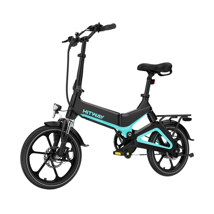 Black and teal electric bike with 'HITWAY' branding on a white background