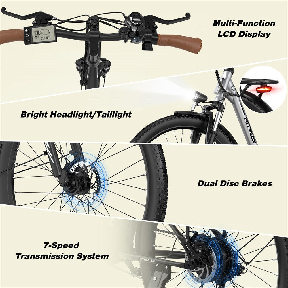 Bicycle features including multi-function LCD display, bright headlight/tailight, dual disc brakes, and 7-speed transmission system.