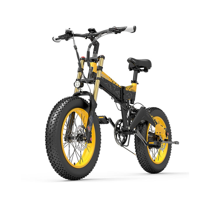 Gele en zwarte elektrische fiets op witte achtergrond